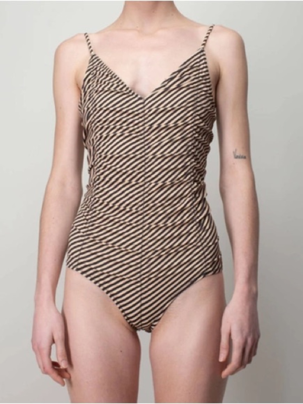 NWT By Malene Birger Tessa Beige and Black Diagonal Stripe V-Neck One-Piece